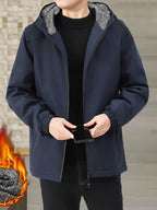 Fleece-Lined Hooded Jacket Black Men's Full-Zip Warm Coat – Casual, Winter Outdoor
