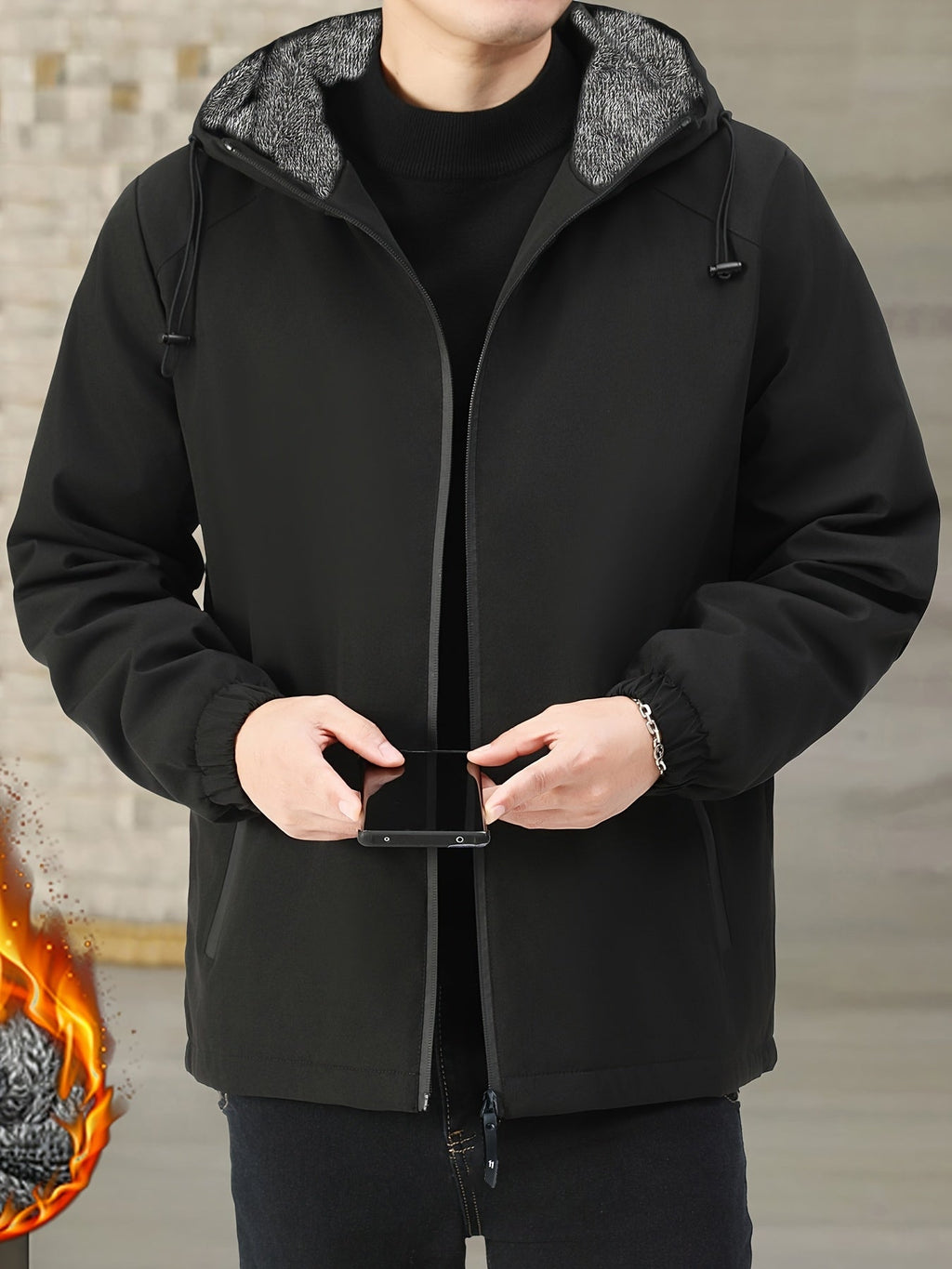 Fleece-Lined Hooded Jacket Black Men's Full-Zip Warm Coat – Casual, Winter Outdoor