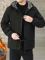 Fleece-Lined Hooded Jacket Black Men's Full-Zip Warm Coat – Casual, Winter Outdoor