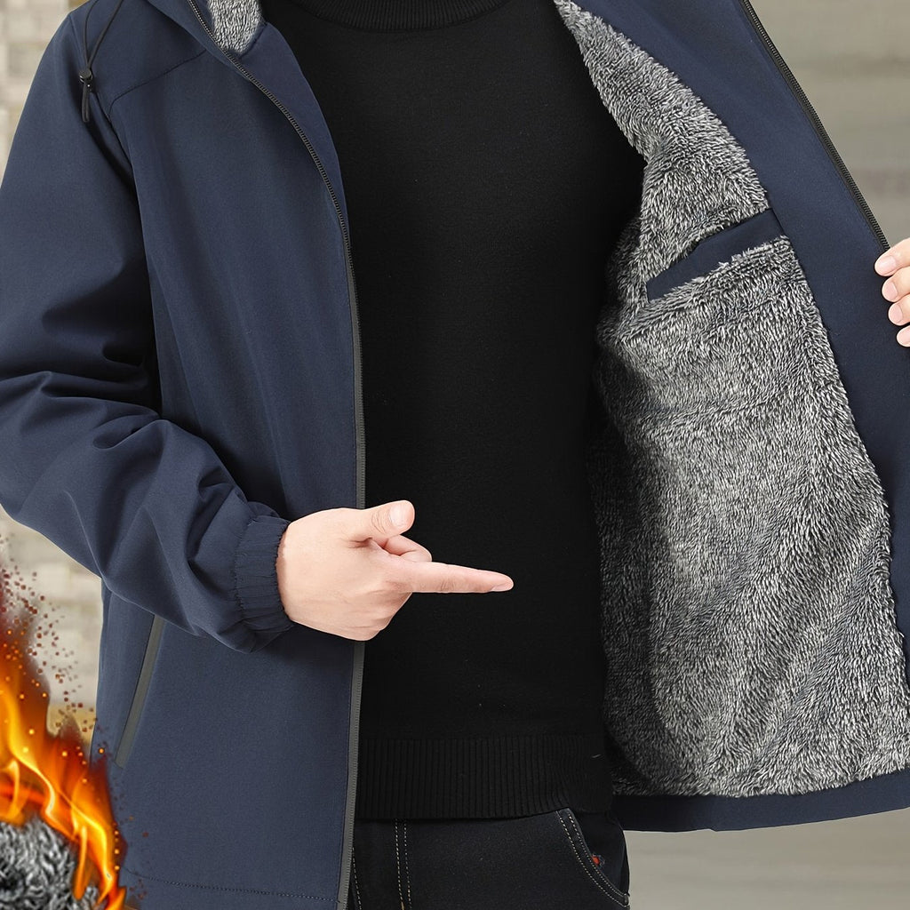 Fleece-Lined Hooded Jacket Black Men's Full-Zip Warm Coat – Casual, Winter Outdoor