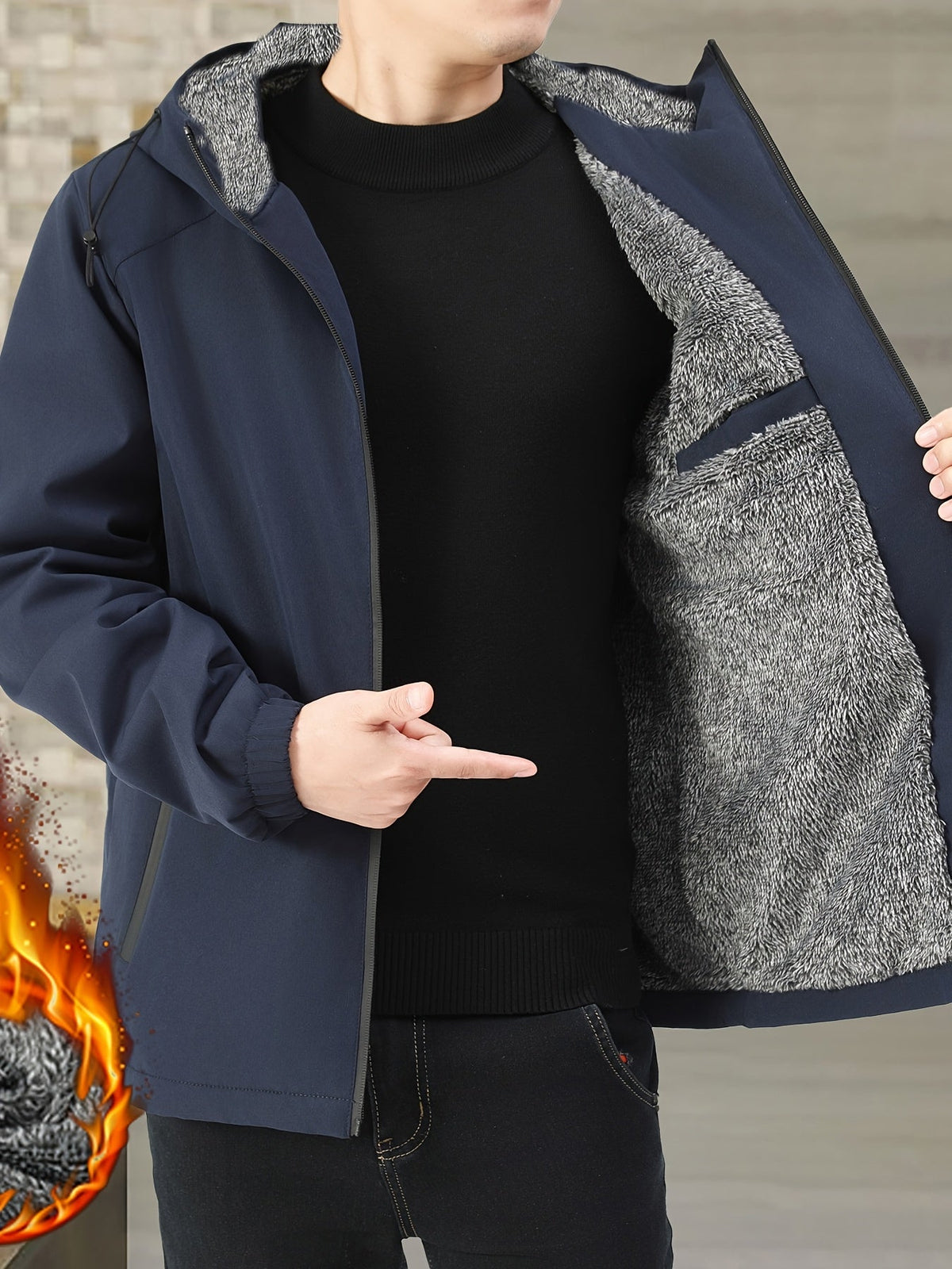 Fleece-Lined Hooded Jacket Black Men's Full-Zip Warm Coat – Casual, Winter Outdoor