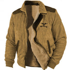 Fleece-Lined Jacket Men's Suede Brown Full-Zip Lapel Collar – Casual, Winter Outdoor, Warm Everyday Wear