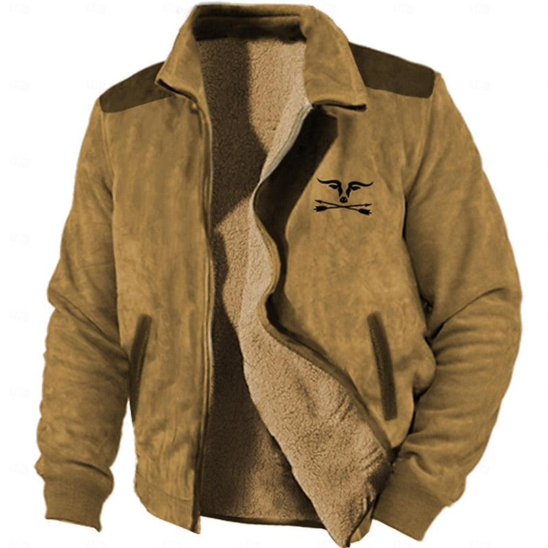Fleece-Lined Jacket Men's Suede Brown Full-Zip Lapel Collar – Casual, Winter Outdoor, Warm Everyday Wear