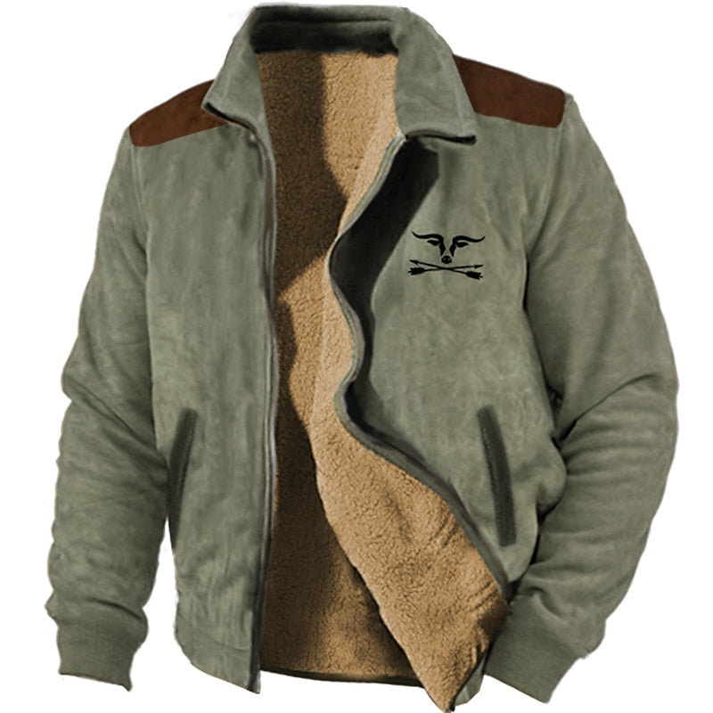 Fleece-Lined Jacket Men's Suede Brown Full-Zip Lapel Collar – Casual, Winter Outdoor, Warm Everyday Wear