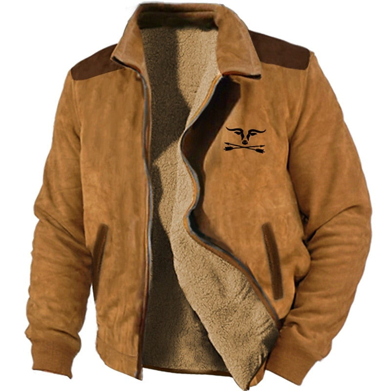 Fleece-Lined Jacket Men's Suede Brown Full-Zip Lapel Collar – Casual, Winter Outdoor, Warm Everyday Wear