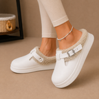 Fleece Lined Mule Slippers Faux Leather Buckle Platform Women's Slip-On – Casual, Home Comfort