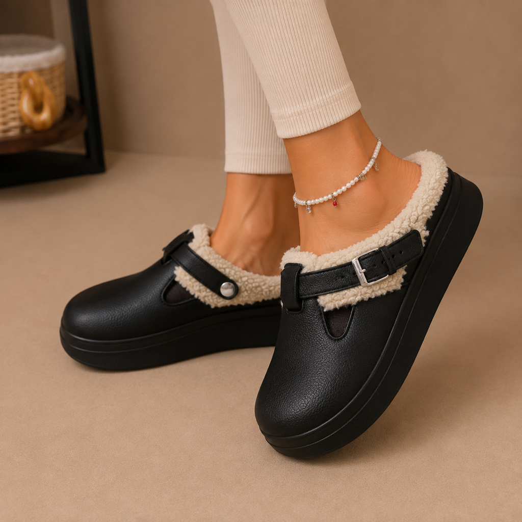 Fleece Lined Mule Slippers Faux Leather Buckle Platform Women's Slip-On – Casual, Home Comfort