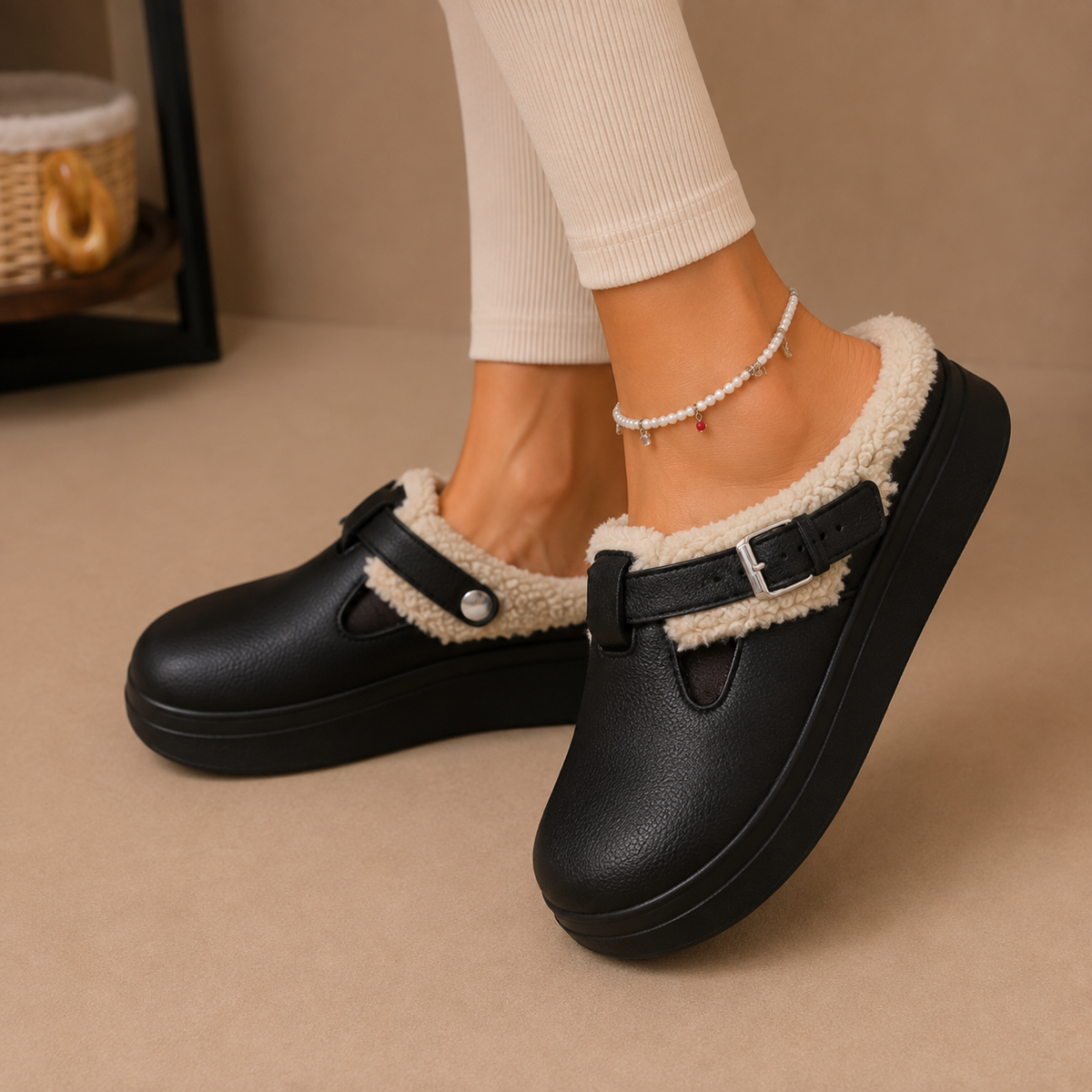 Fleece Lined Mule Slippers Faux Leather Buckle Platform Women's Slip-On – Casual, Home Comfort
