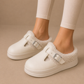 Fleece Lined Mule Slippers Faux Leather Buckle Platform Women's Slip-On – Casual, Home Comfort