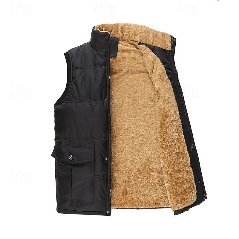 Fleece-Lined Puffer Vest Men's Black Sleeveless Gilet – Casual, Winter Outdoor Warmth