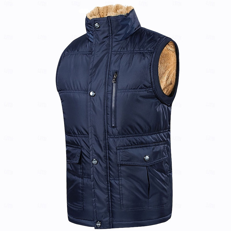 Fleece-Lined Puffer Vest Men's Black Sleeveless Gilet – Casual, Winter Outdoor Warmth