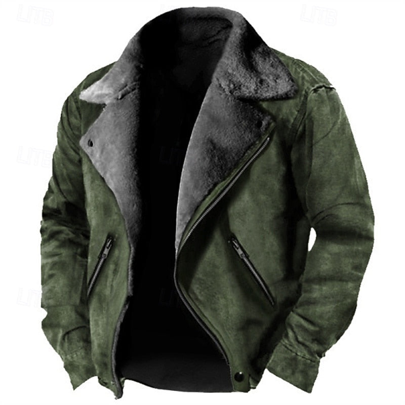 Fleece-Lined Suede Jacket Men's Brown Zip-Up Lapel Winter Coat – Casual, Warm Outdoor Wear