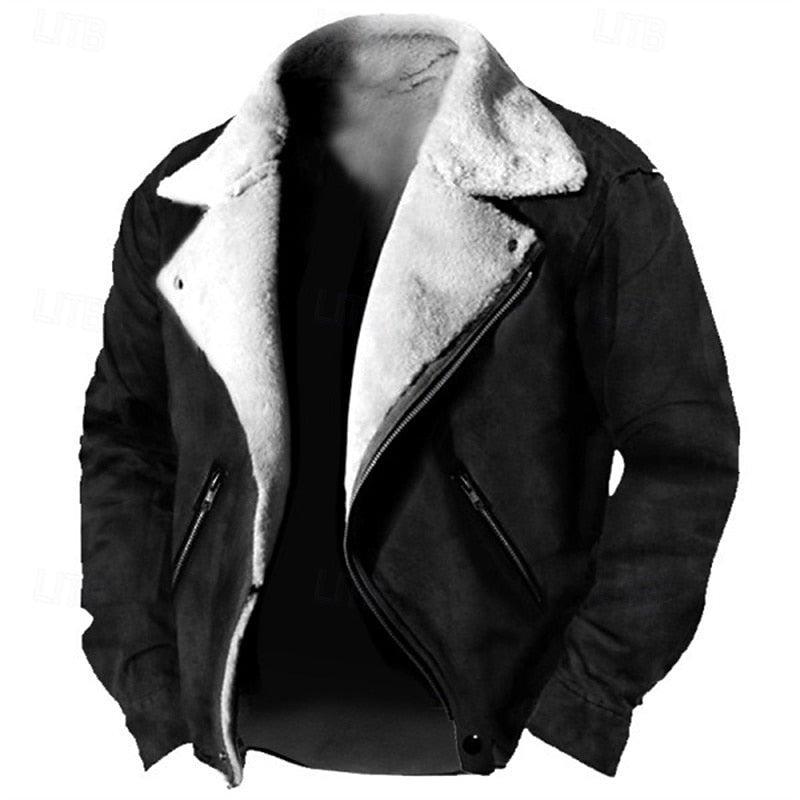 Fleece-Lined Suede Jacket Men's Brown Zip-Up Lapel Winter Coat – Casual, Warm Outdoor Wear