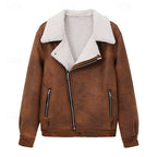 Fleece-Lined Suede Jacket Men's Brown Zip-Up Lapel Winter Coat – Casual, Warm Outdoor Wear