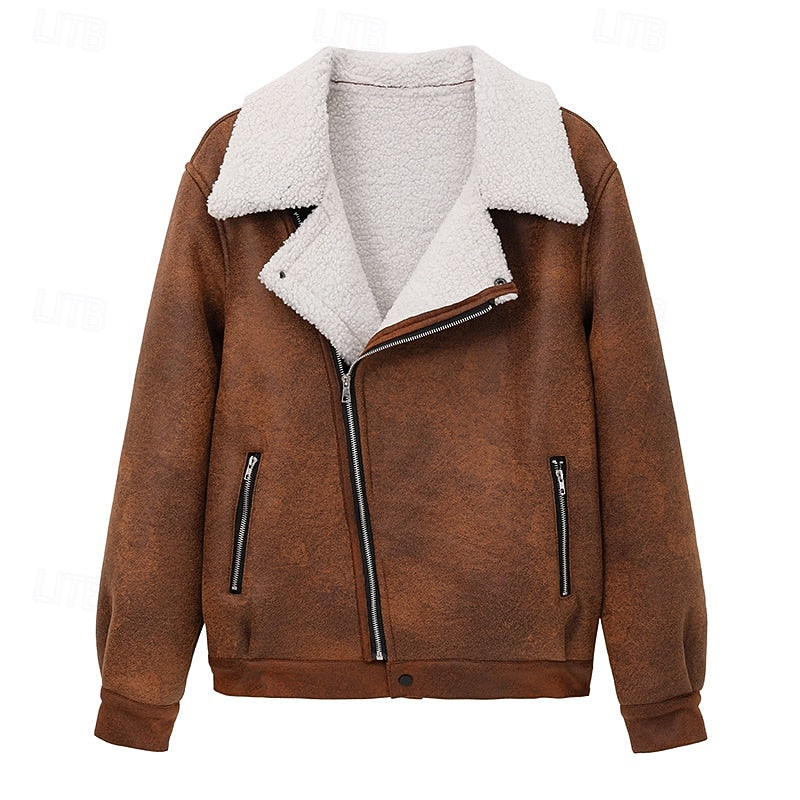 Fleece-Lined Suede Jacket Men's Brown Zip-Up Lapel Winter Coat – Casual, Warm Outdoor Wear