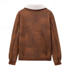 Fleece-Lined Suede Jacket Men's Brown Zip-Up Lapel Winter Coat – Casual, Warm Outdoor Wear