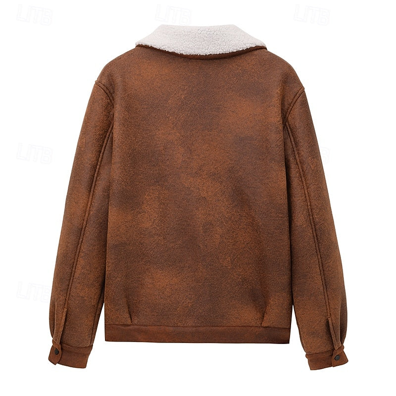 Fleece-Lined Suede Jacket Men's Brown Zip-Up Lapel Winter Coat – Casual, Warm Outdoor Wear