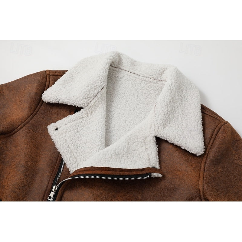 Fleece-Lined Suede Jacket Men's Brown Zip-Up Lapel Winter Coat – Casual, Warm Outdoor Wear