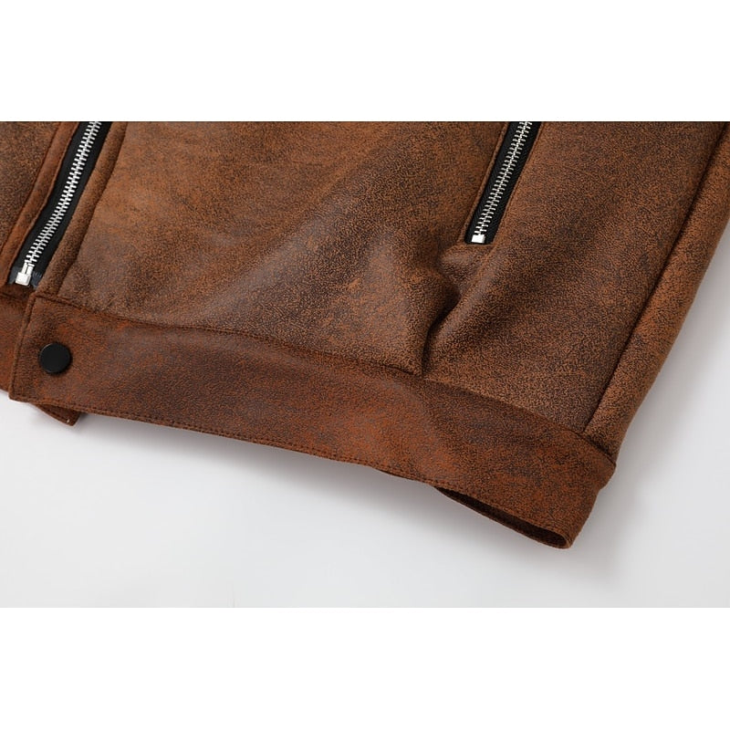 Fleece-Lined Suede Jacket Men's Brown Zip-Up Lapel Winter Coat – Casual, Warm Outdoor Wear