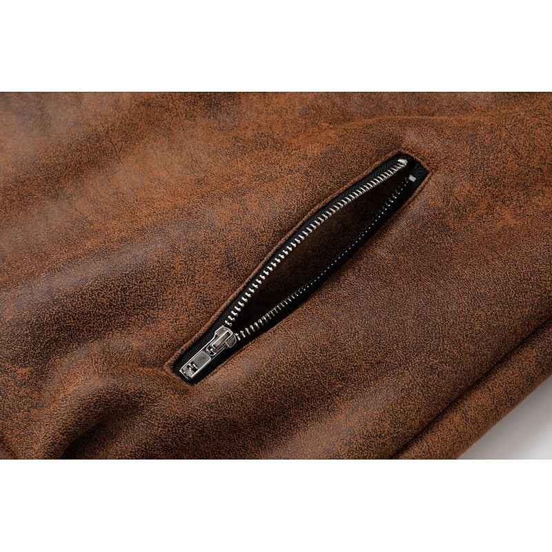 Fleece-Lined Suede Jacket Men's Brown Zip-Up Lapel Winter Coat – Casual, Warm Outdoor Wear