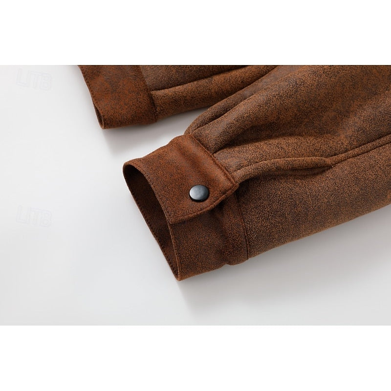 Fleece-Lined Suede Jacket Men's Brown Zip-Up Lapel Winter Coat – Casual, Warm Outdoor Wear