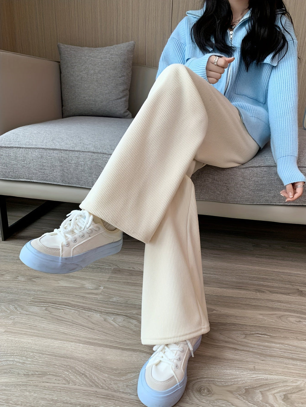 Fleece-Lined Wide-Leg Lounge Pants Brown Women's Corduroy – Casual, Home, Winter Comfort