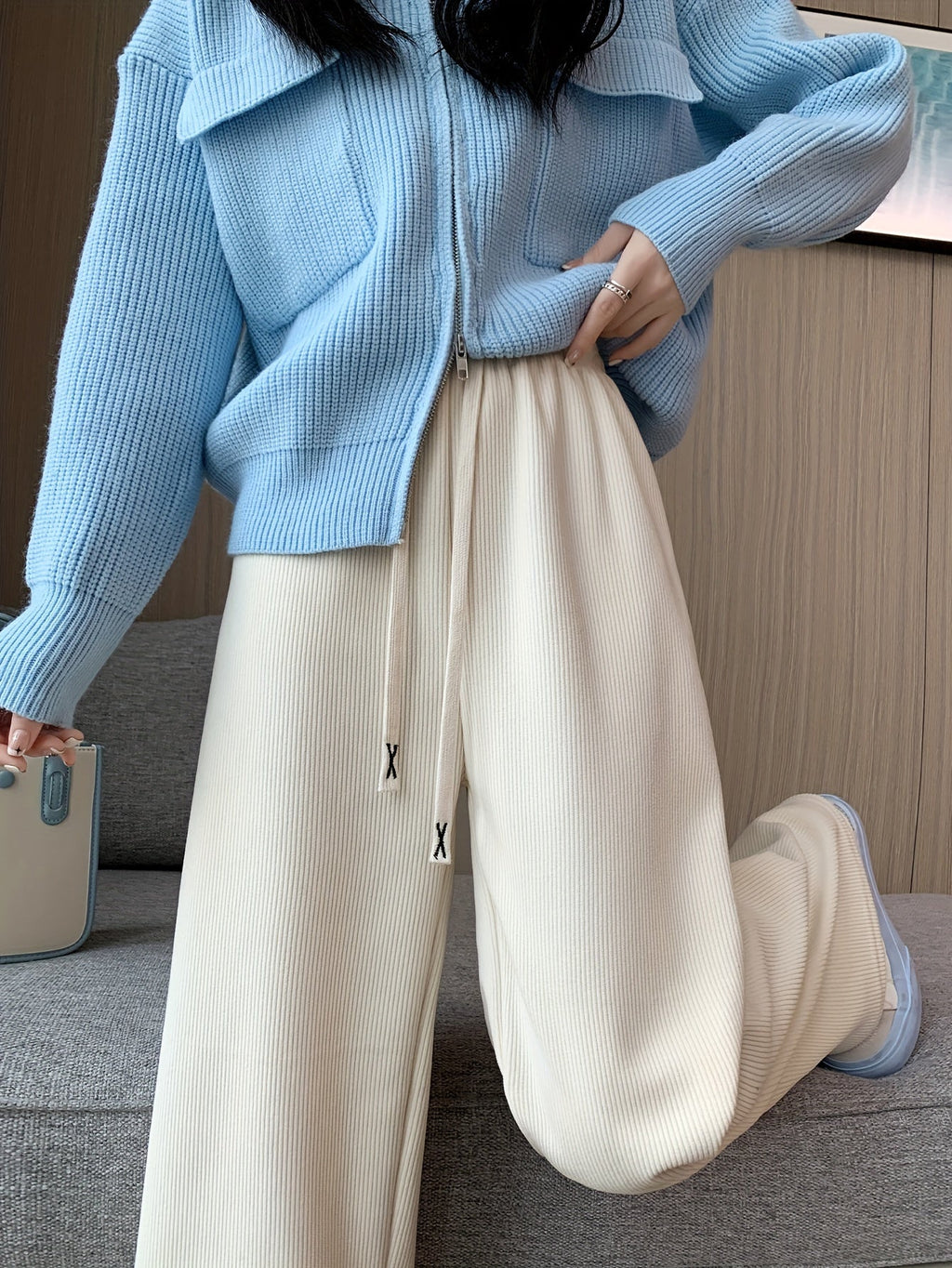 Fleece-Lined Wide-Leg Lounge Pants Brown Women's Corduroy – Casual, Home, Winter Comfort
