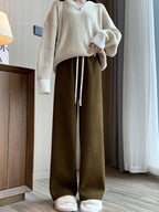 Fleece-Lined Wide-Leg Lounge Pants Brown Women's Corduroy – Casual, Home, Winter Comfort