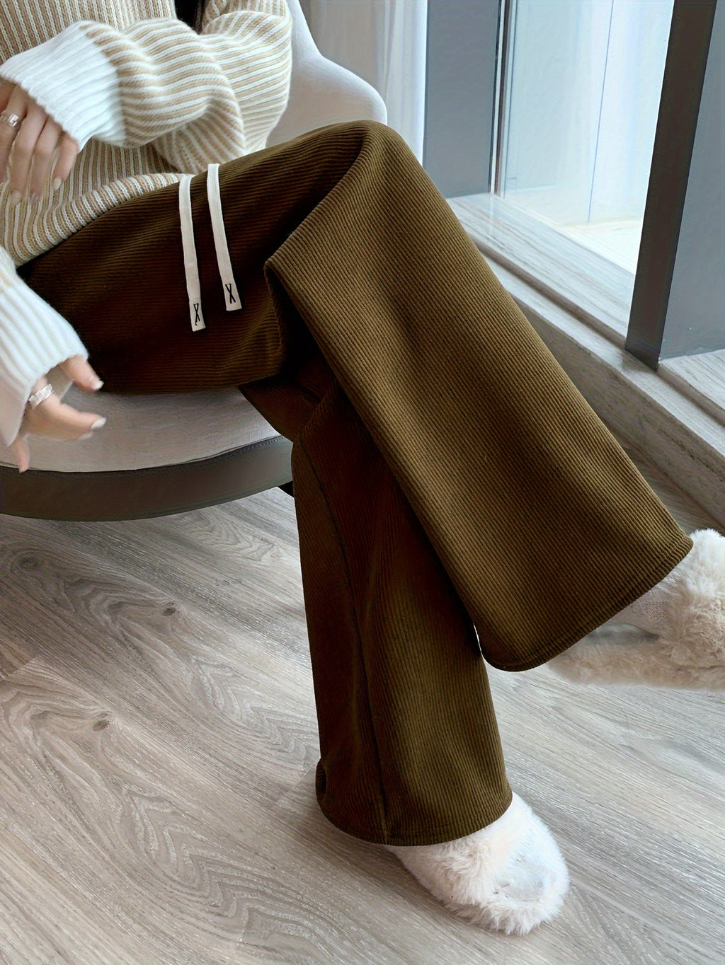 Fleece-Lined Wide-Leg Lounge Pants Brown Women's Corduroy – Casual, Home, Winter Comfort