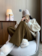 Fleece-Lined Wide-Leg Lounge Pants Brown Women's Corduroy – Casual, Home, Winter Comfort