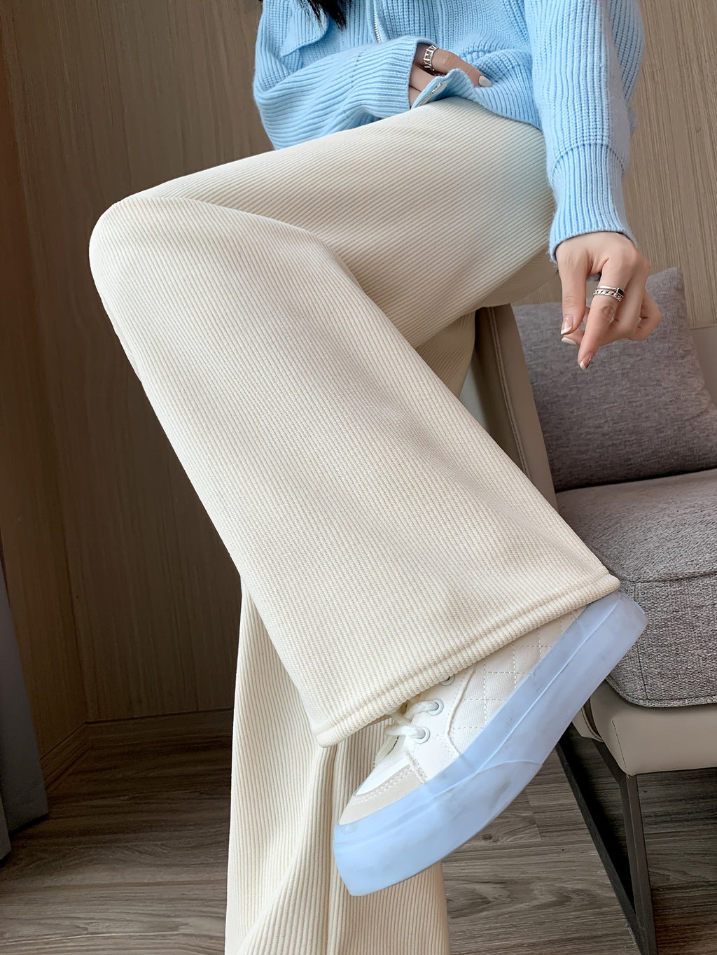 Fleece-Lined Wide-Leg Lounge Pants Brown Women's Corduroy – Casual, Home, Winter Comfort