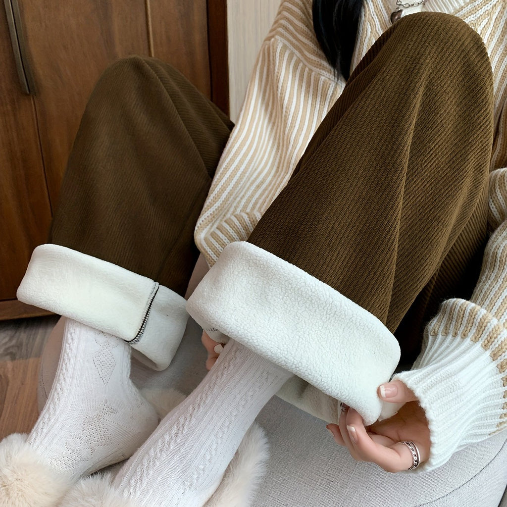 Fleece-Lined Wide-Leg Lounge Pants Brown Women's Corduroy – Casual, Home, Winter Comfort
