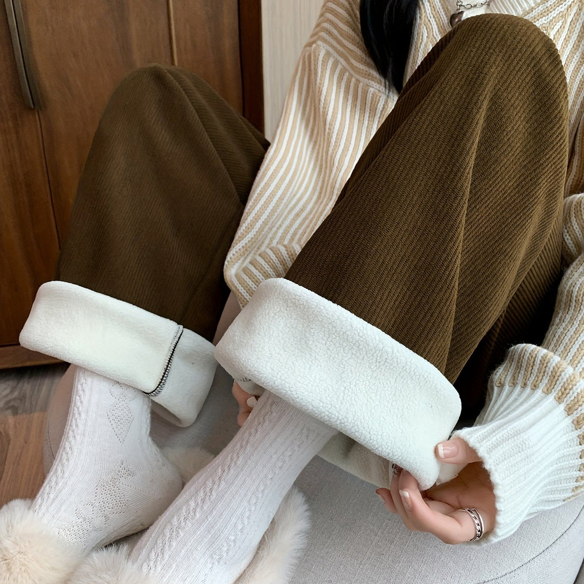Fleece-Lined Wide-Leg Lounge Pants Brown Women's Corduroy – Casual, Home, Winter Comfort