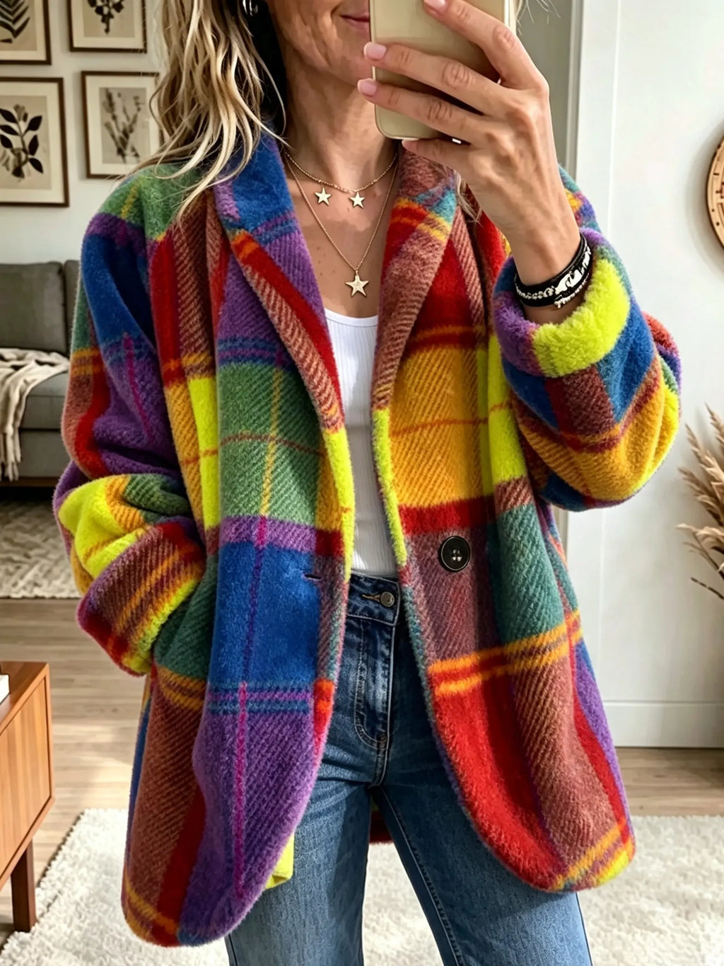 Fleece Plaid Jacket Multicolour Women's Lapel Coat – Casual, Winter Layering, Gift