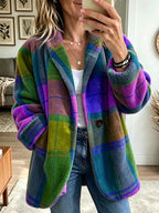 Fleece Plaid Jacket Multicolour Women's Lapel Coat – Casual, Winter Layering, Gift