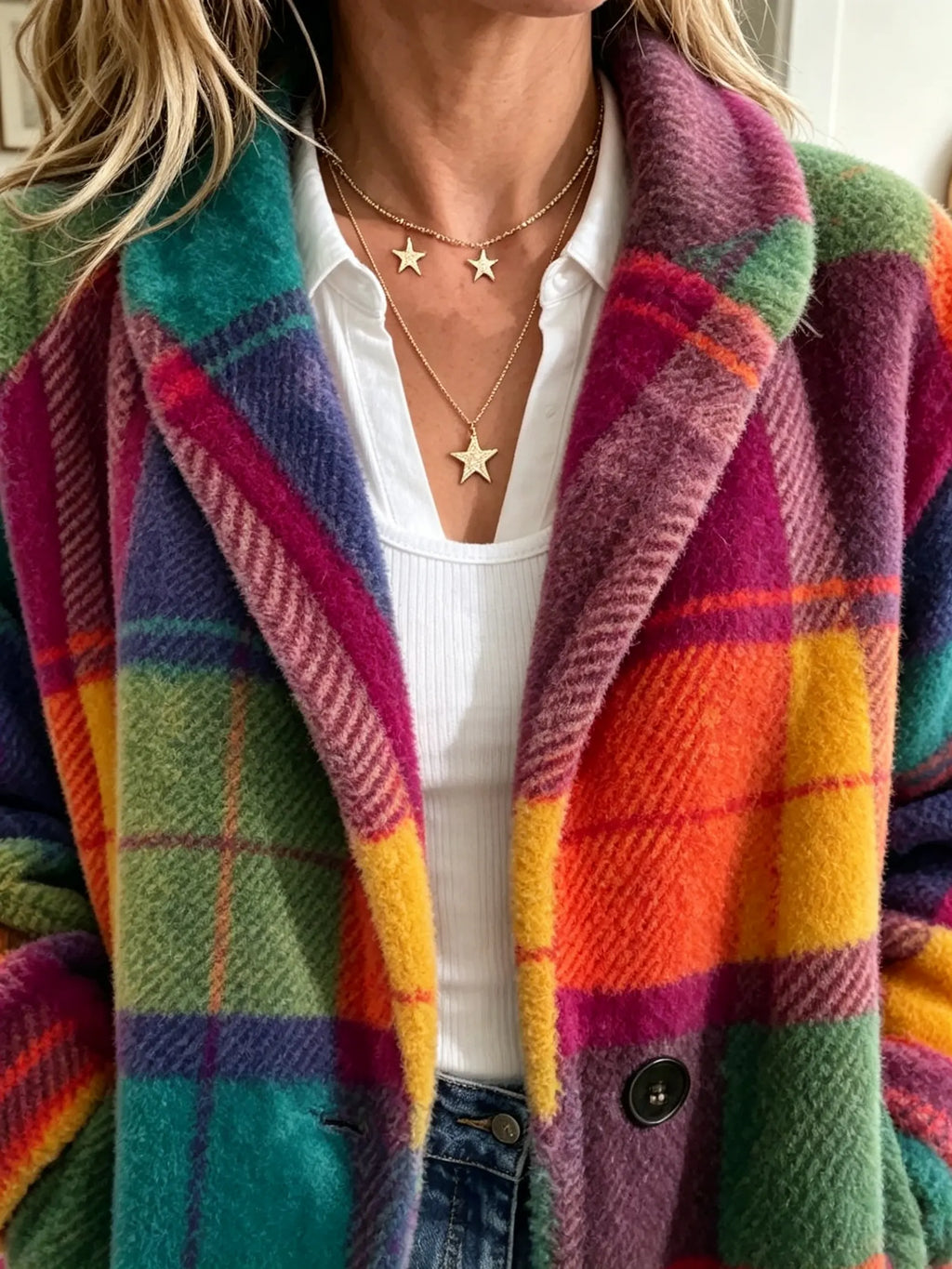 Fleece Plaid Jacket Multicolour Women's Lapel Coat – Casual, Winter Layering, Gift