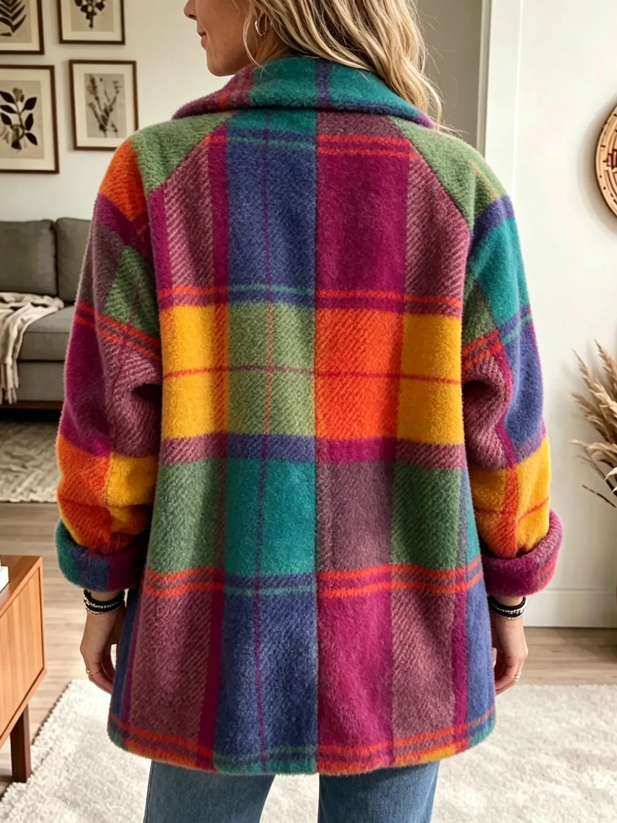 Fleece Plaid Jacket Multicolour Women's Lapel Coat – Casual, Winter Layering, Gift