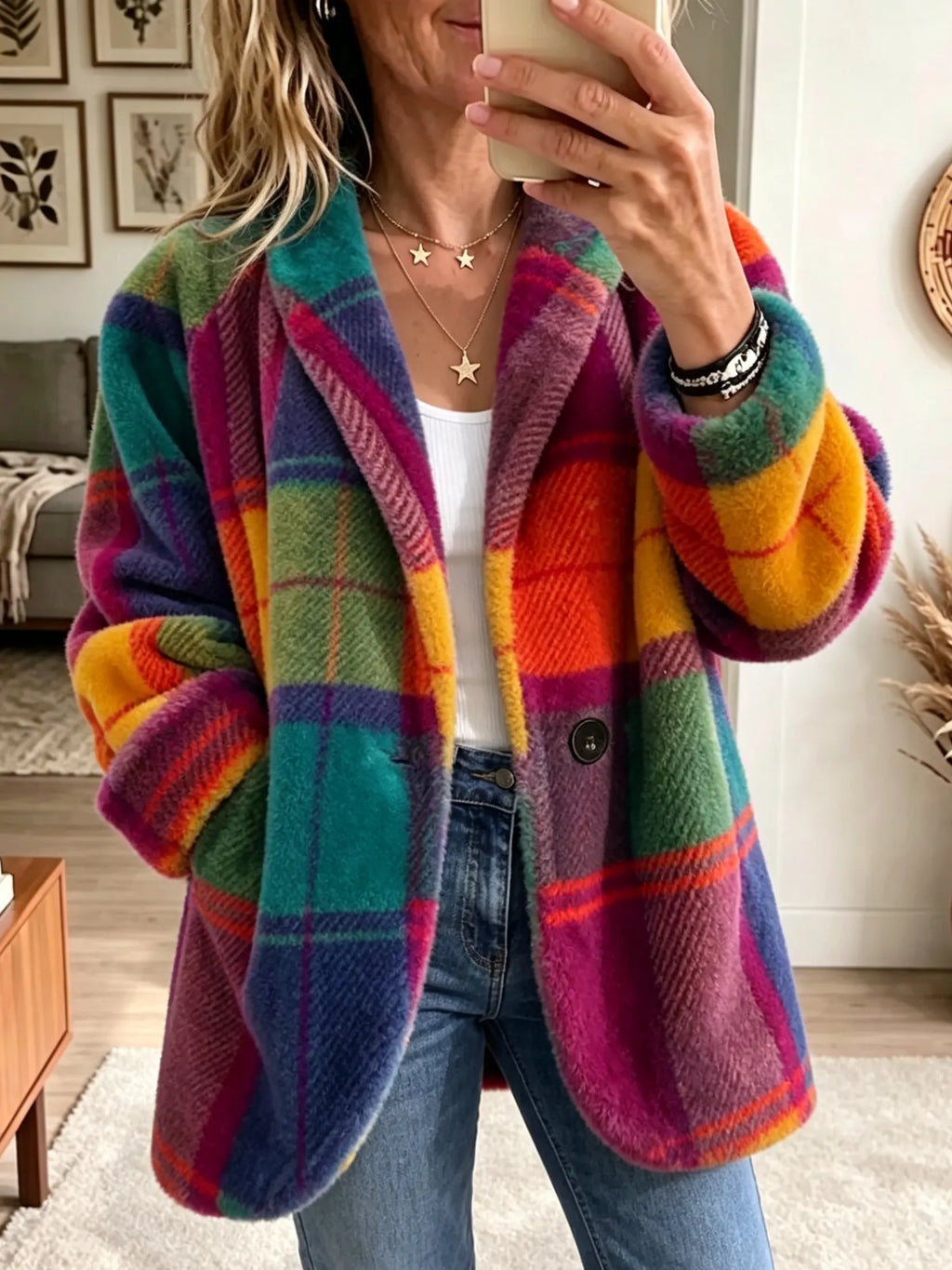 Fleece Plaid Jacket Multicolour Women's Lapel Coat – Casual, Winter Layering, Gift