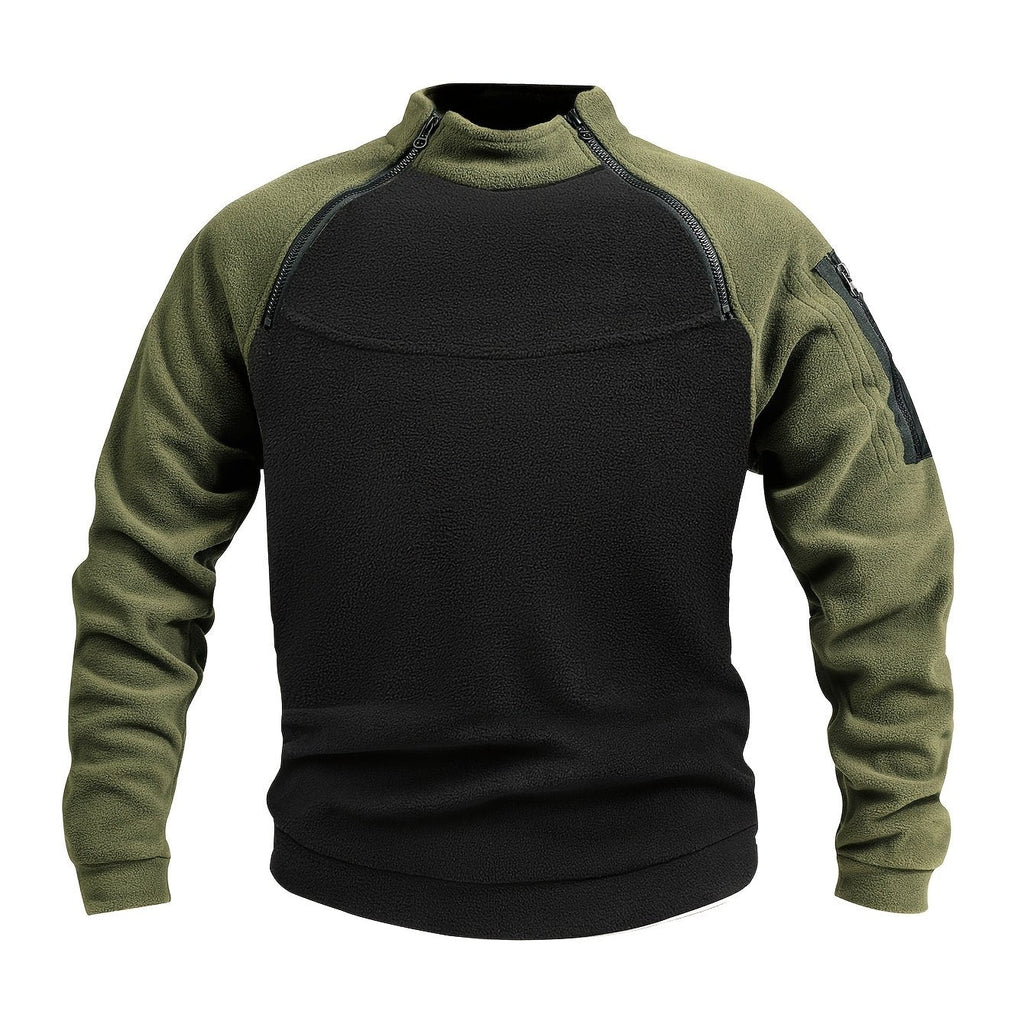 Fleece Pullover Mock Neck Men's Zip Detail Sweatshirt Khaki – Casual, Outdoor, Winter Layering