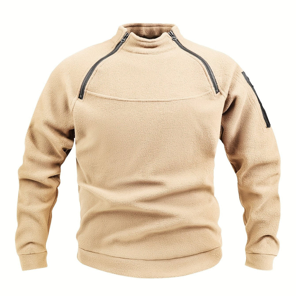 Fleece Pullover Mock Neck Men's Zip Detail Sweatshirt Khaki – Casual, Outdoor, Winter Layering