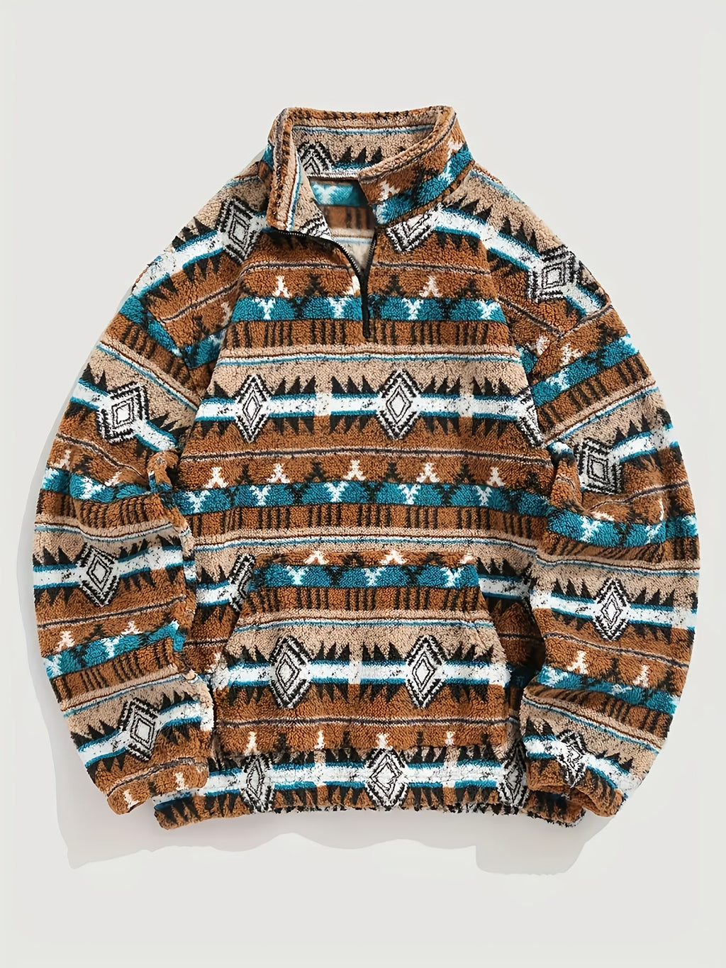 Fleece Pullover Sweatshirt Aztec Print Men's Quarter-Zip – Casual, Winter Warmth