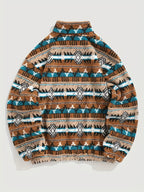 Fleece Pullover Sweatshirt Aztec Print Men's Quarter-Zip – Casual, Winter Warmth