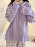 Fleece Pyjama Set Women's Pink Long Sleeve Top & Checked Lounge Trousers – Sleepwear, Home, Cosy, Gift