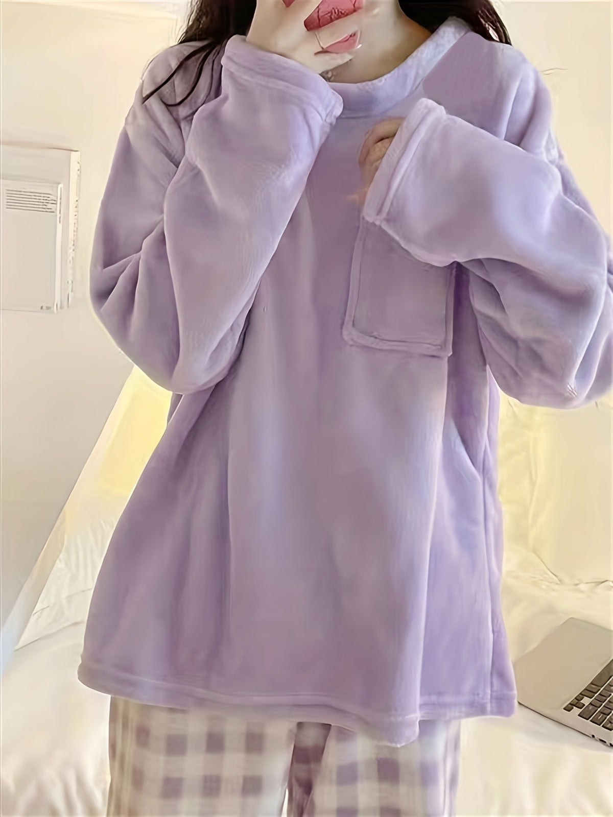 Fleece Pyjama Set Women's Pink Long Sleeve Top & Checked Lounge Trousers – Sleepwear, Home, Cosy, Gift