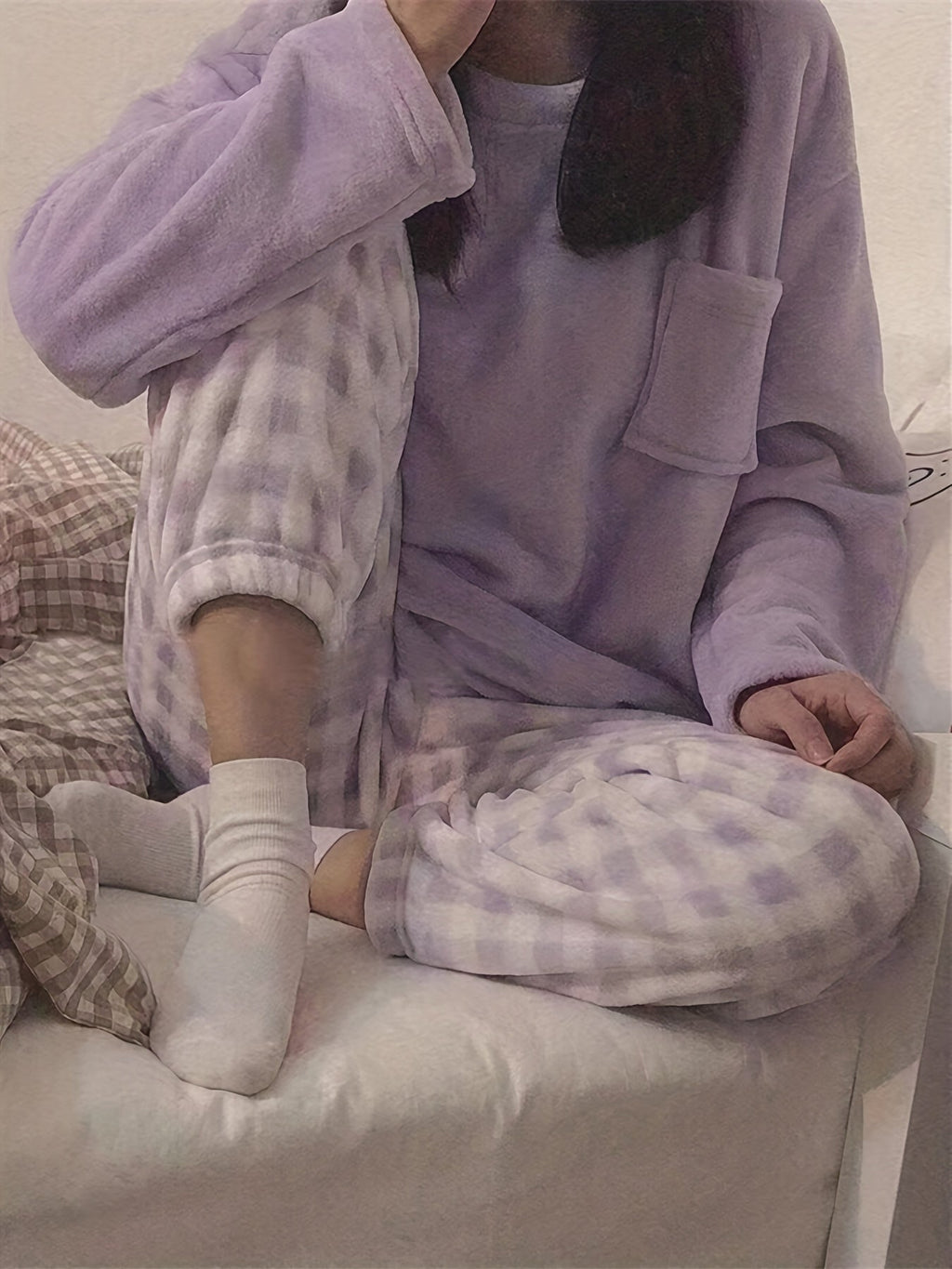 Fleece Pyjama Set Women's Pink Long Sleeve Top & Checked Lounge Trousers – Sleepwear, Home, Cosy, Gift