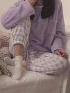 Fleece Pyjama Set Women's Pink Long Sleeve Top & Checked Lounge Trousers – Sleepwear, Home, Cosy, Gift