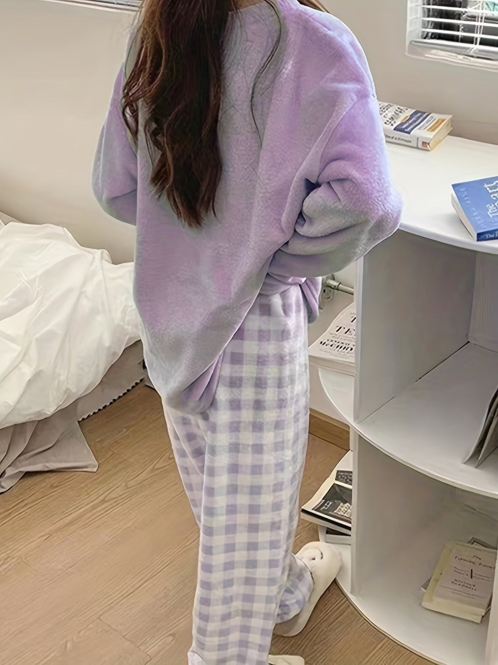 Fleece Pyjama Set Women's Pink Long Sleeve Top & Checked Lounge Trousers – Sleepwear, Home, Cosy, Gift