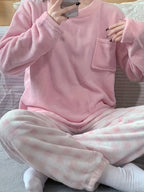 Fleece Pyjama Set Women's Pink Long Sleeve Top & Checked Lounge Trousers – Sleepwear, Home, Cosy, Gift