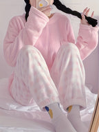 Fleece Pyjama Set Women's Pink Long Sleeve Top & Checked Lounge Trousers – Sleepwear, Home, Cosy, Gift