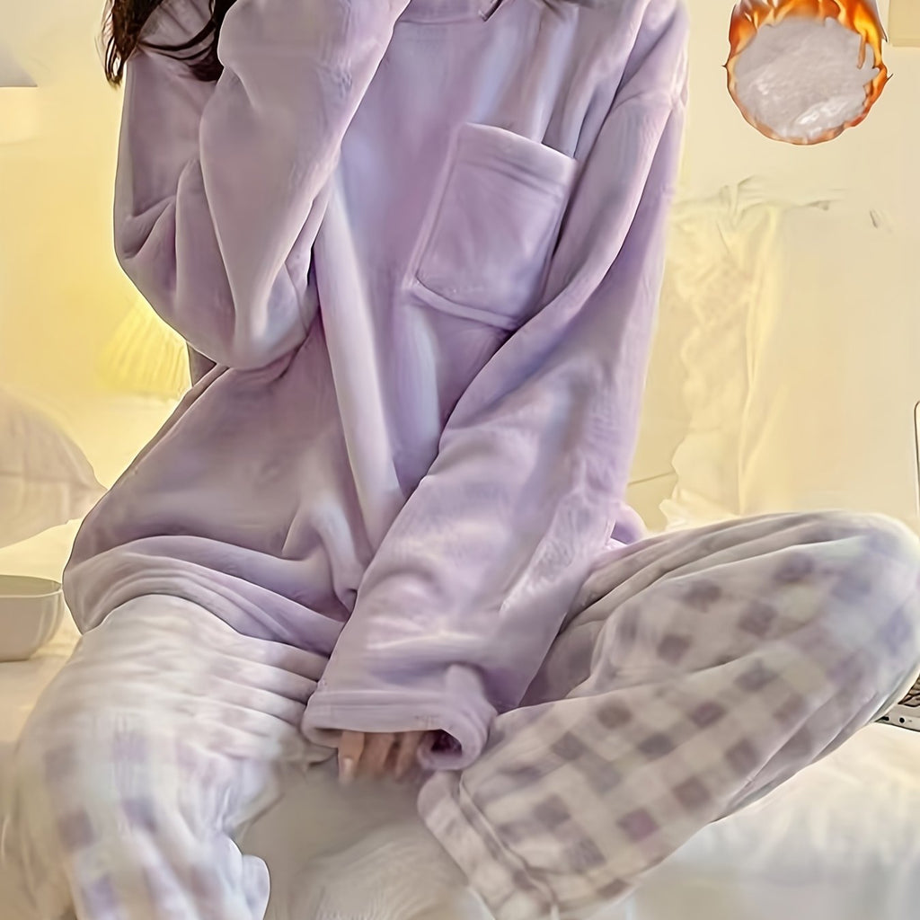 Fleece Pyjama Set Women's Pink Long Sleeve Top & Checked Lounge Trousers – Sleepwear, Home, Cosy, Gift